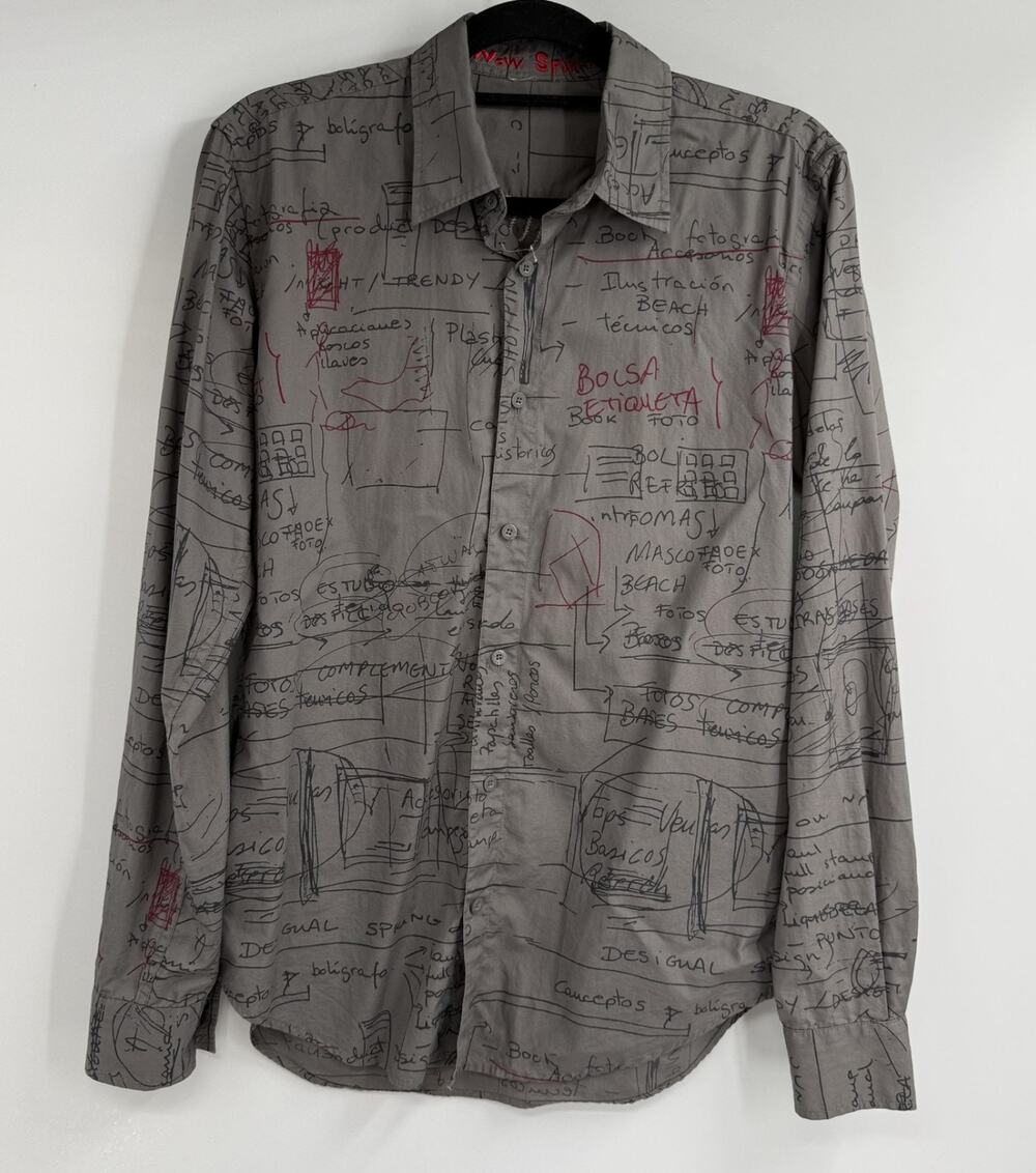 Desigual Graffiti Button Up Shirt Mens S Gray Artsy Avant Garde Casual Designer